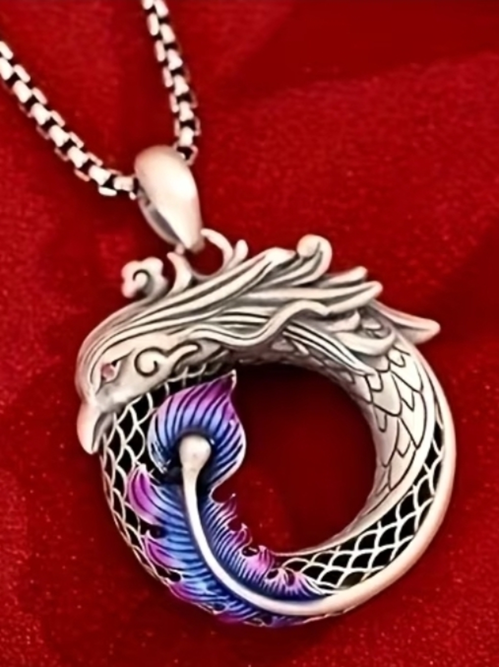 NWOT Silver Dragon Circle Pendant with Purple-Blue Feather Accent
